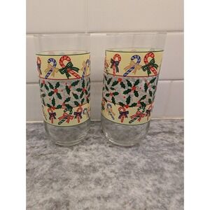 Vintage Candy‎ Canes & Holly Glasses 2 Luminarc Christmas Holiday Glass Tumblers